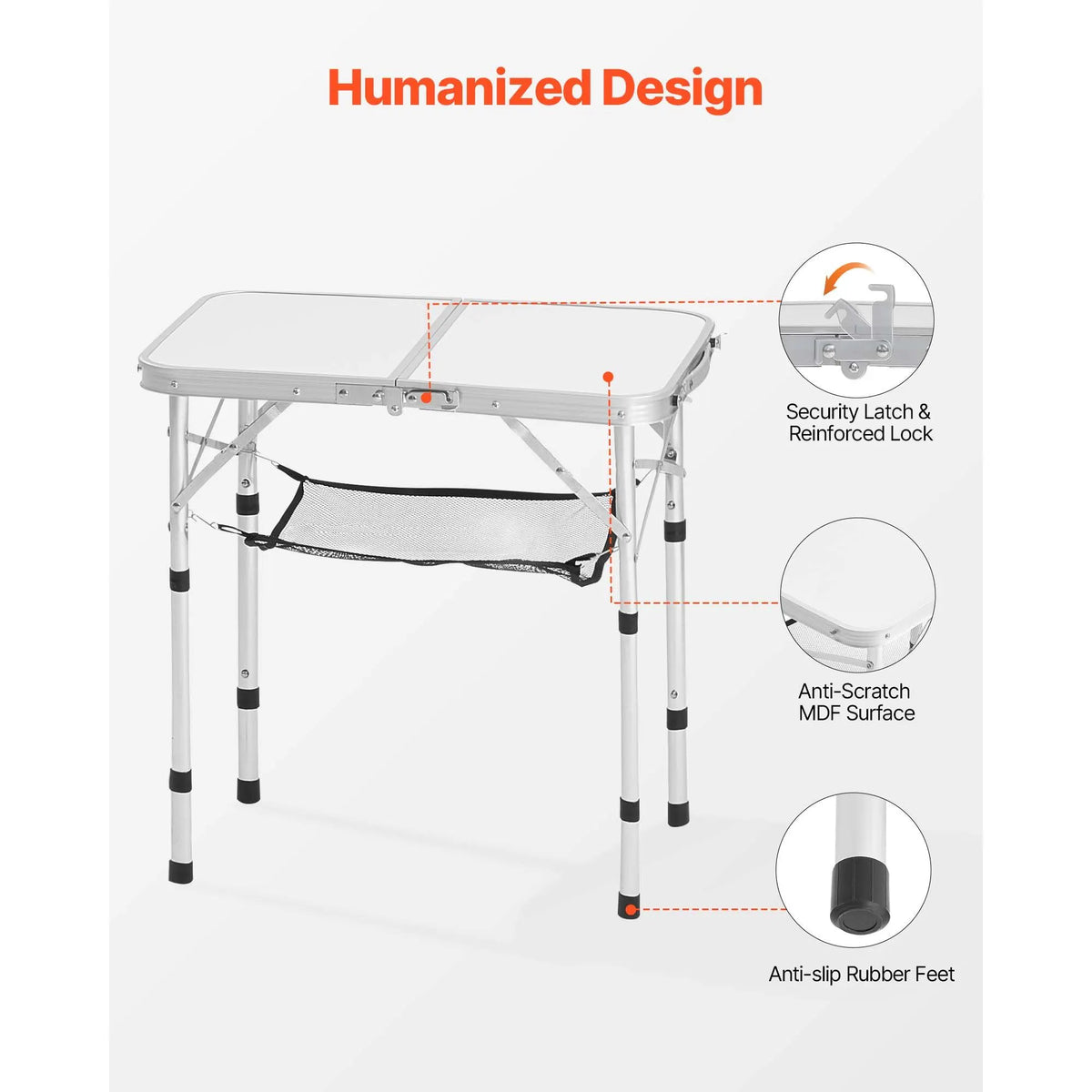 Folding Camping Table, Adjustable Height Portable Side Tables, Aluminum MDF Beach Table with Mesh Layer, Carrying Handle, Lightweight Compact for Outdoor Picnic BBQ Cooking, 24x16in, Silver - Image 6