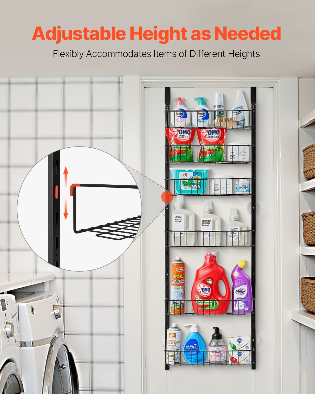 Over the Door Pantry Organizer, 6-Tier Pantry Organization and Storage, Heavy-Duty Steel Hanging Spice Rack, Adjustable Wall Seasoning Shelves, for Home Kitchen Laundry Room Bathroom, Black - Image 3