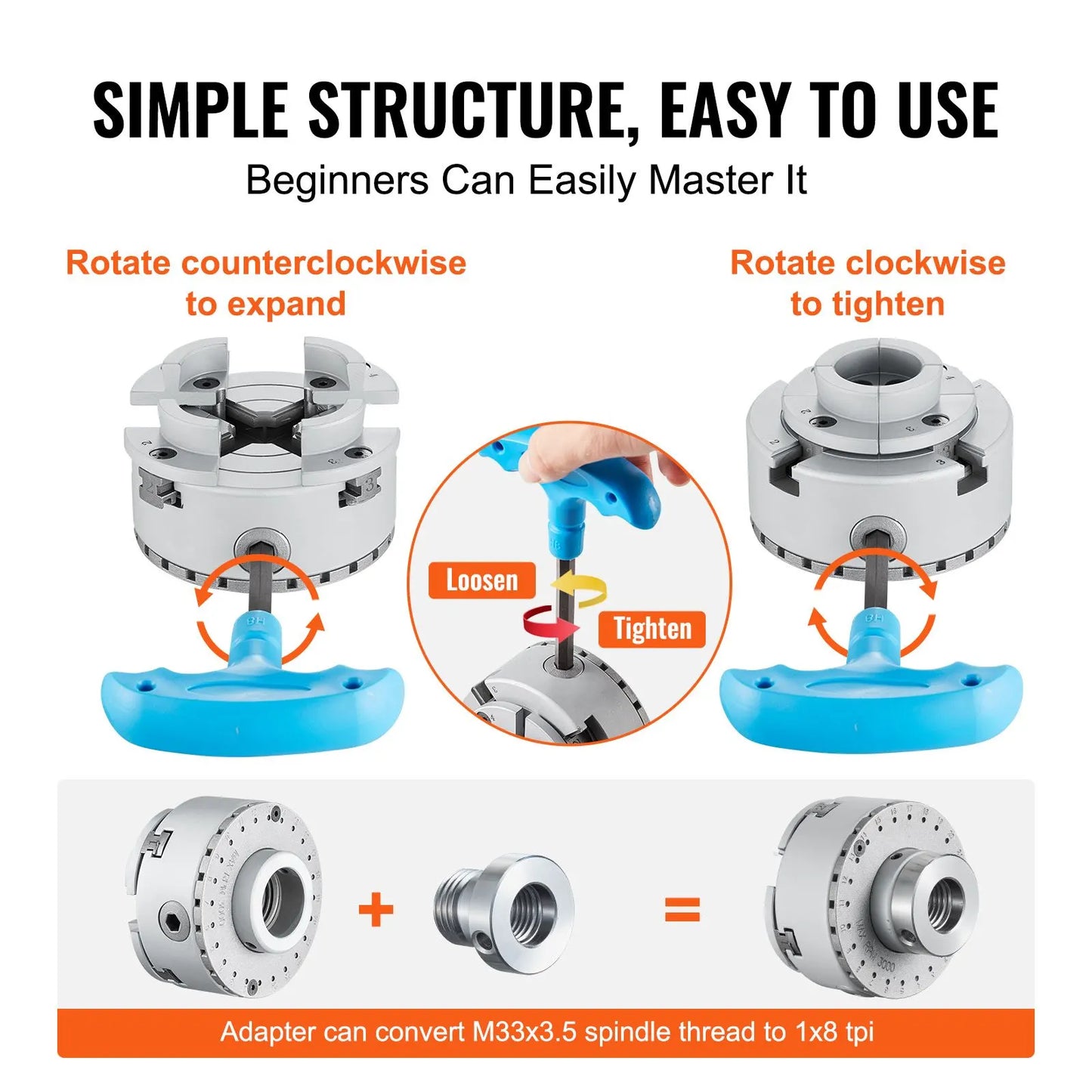 KP965 Lathe Chuck, 4-Jaw 96 mm Diameter, Metal Lathe Chuck Turning Machine Accessories with 5 Sets of Jaws, Self-centering Tool, for Precision Machining, Grinding Machines, Milling Machines - Image 5