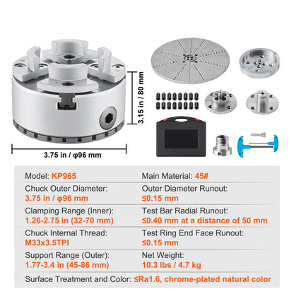 KP965 Lathe Chuck, 4-Jaw 96 mm Diameter, Metal Lathe Chuck Turning Machine Accessories with 5 Sets of Jaws, Self-centering Tool, for Precision Machining, Grinding Machines, Milling Machines - Image 7