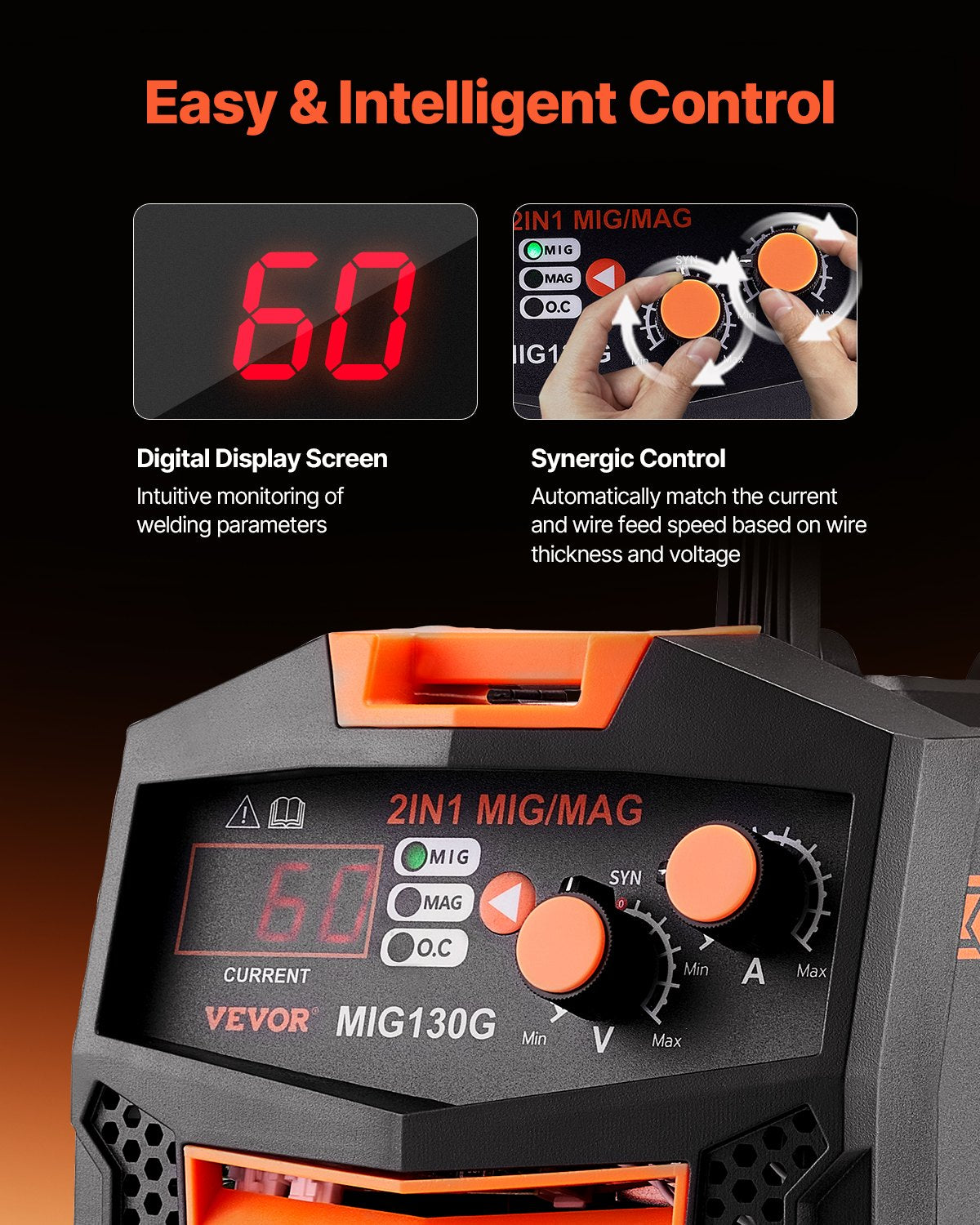 MIG Welder, 130A Synergic Mig Welding Machine, 2-in-1 Gas MIG/Gasless Flux Core MIG Multi-Process Welder Machine, Portable Mig Welder with IGBT Inverter Technology & Digital Display Screen - Image 4
