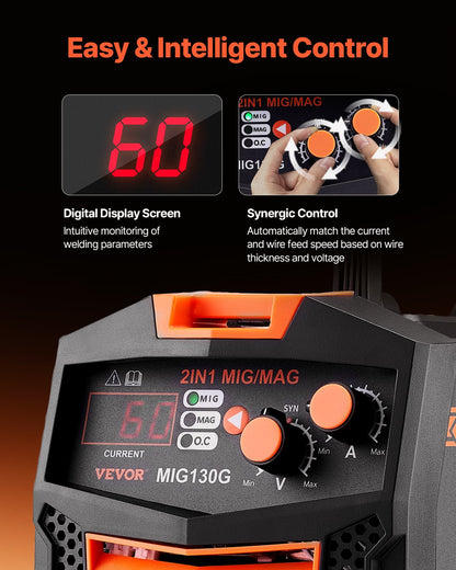 MIG Welder, 130A Synergic Mig Welding Machine, 2-in-1 Gas MIG/Gasless Flux Core MIG Multi-Process Welder Machine, Portable Mig Welder with IGBT Inverter Technology & Digital Display Screen - Image 4