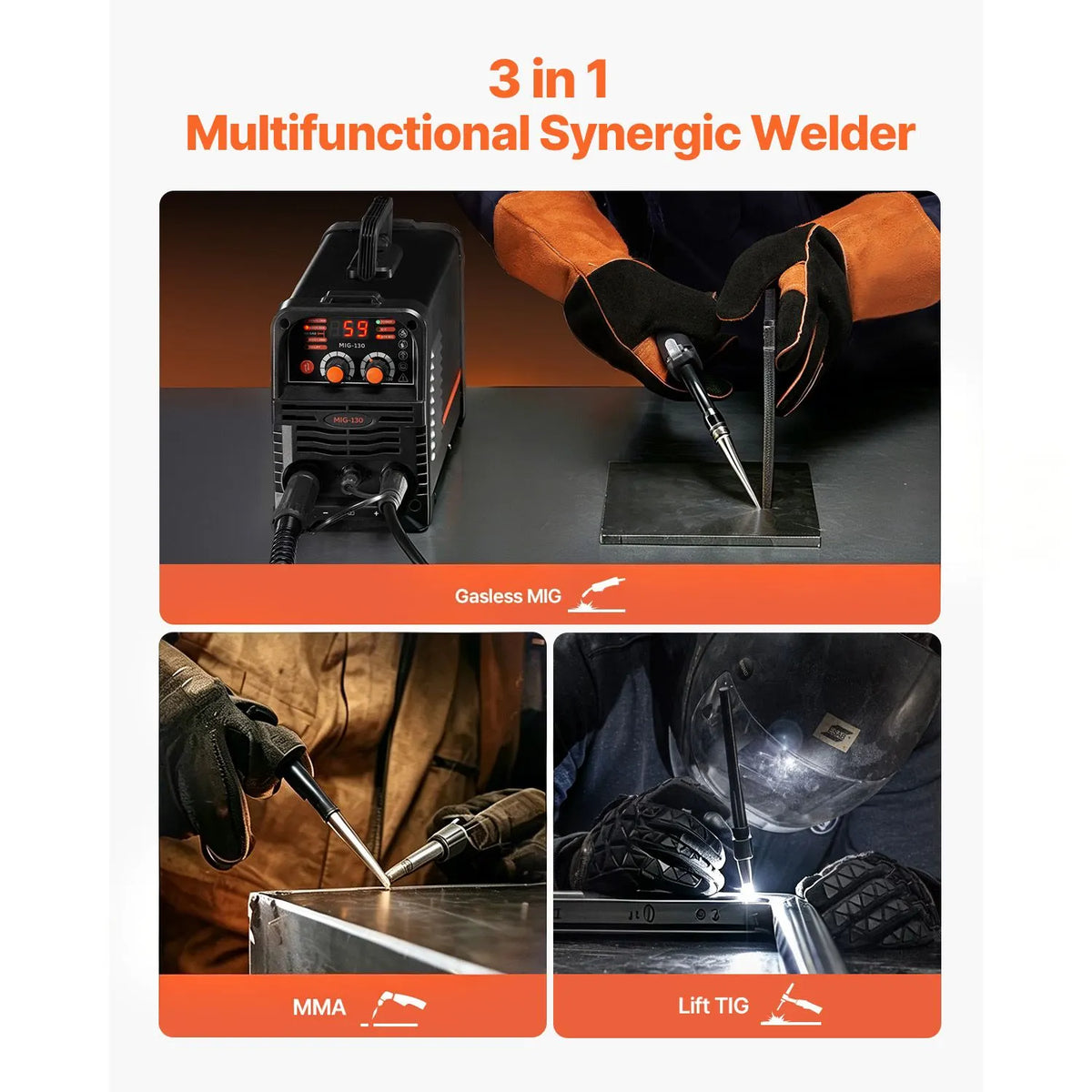 MIG Welder, 130Amp Synergic Mig Welding Machine, 3-in-1 Flux Core MIG/Stick/Lift TIG Multi-Process Welder Machine, Portable Mig Welder with IGBT Inverter Technology & Digital Display Screen - Image 2
