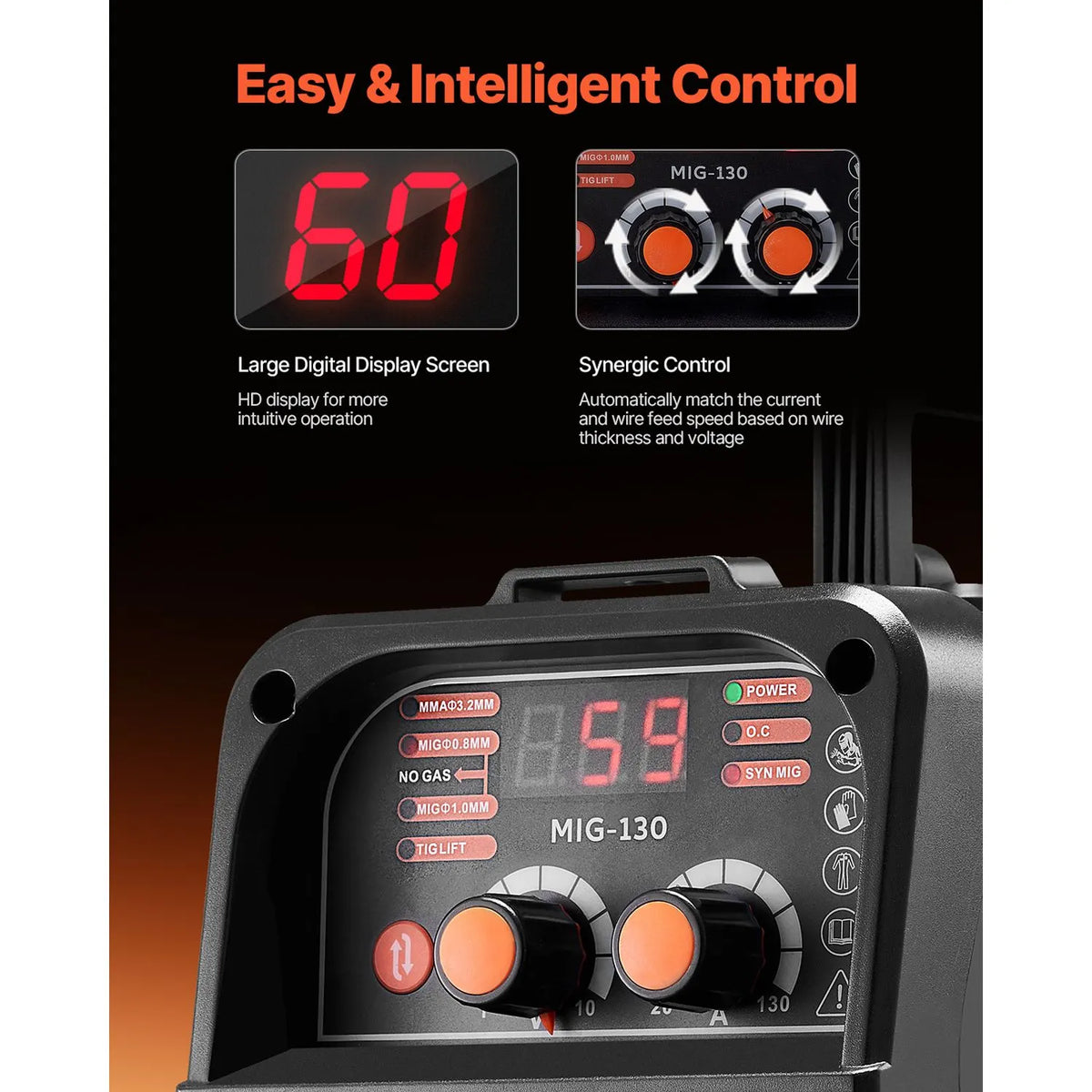 MIG Welder, 130Amp Synergic Mig Welding Machine, 3-in-1 Flux Core MIG/Stick/Lift TIG Multi-Process Welder Machine, Portable Mig Welder with IGBT Inverter Technology & Digital Display Screen - Image 4