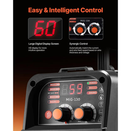 MIG Welder, 130Amp Synergic Mig Welding Machine, 3-in-1 Flux Core MIG/Stick/Lift TIG Multi-Process Welder Machine, Portable Mig Welder with IGBT Inverter Technology & Digital Display Screen - Image 4
