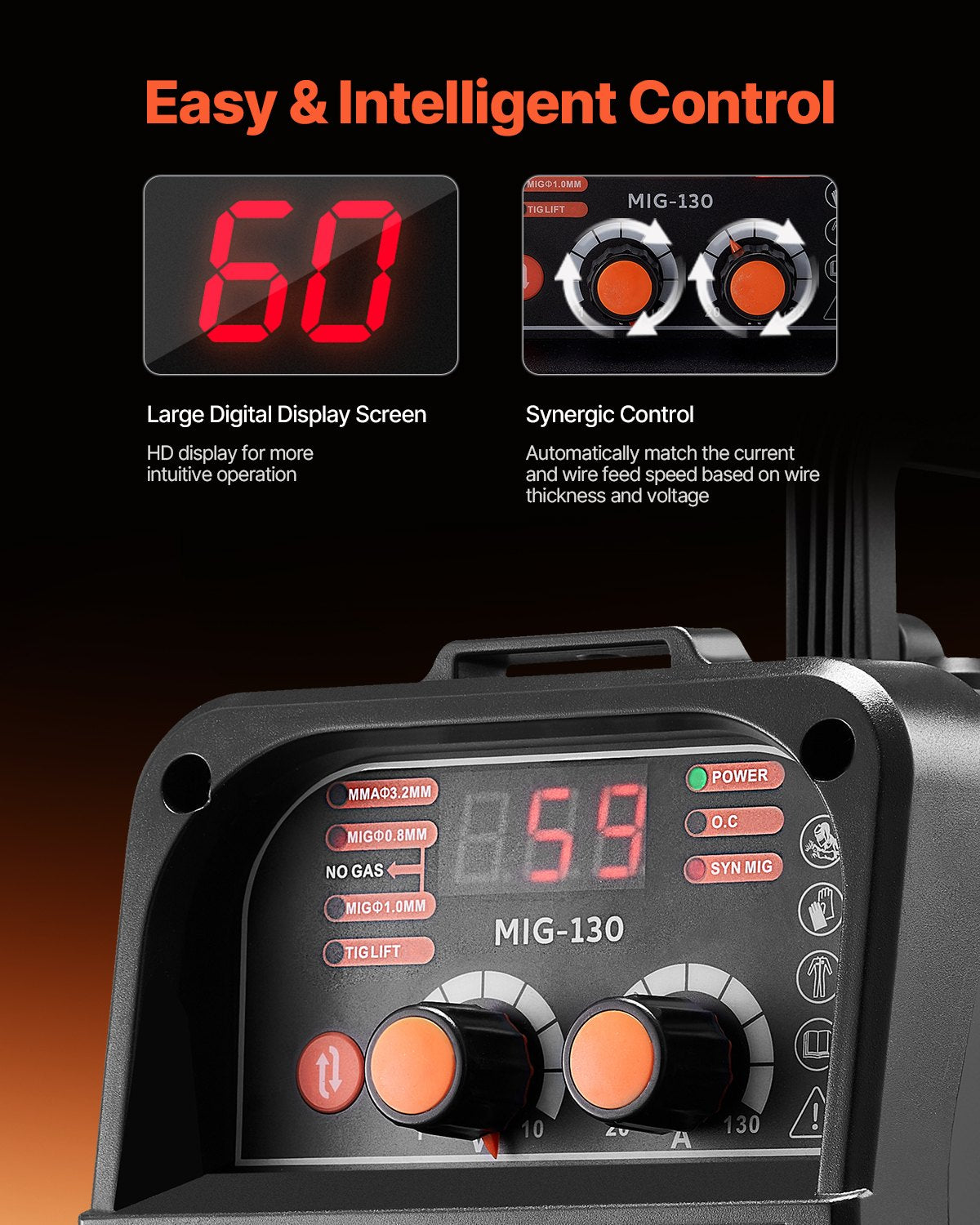 MIG Welder, 130Amp Synergic Mig Welding Machine, 3-in-1 Flux Core MIG/Stick/Lift TIG Multi-Process Welder Machine, Portable Mig Welder with IGBT Inverter Technology & Digital Display Screen - Image 4