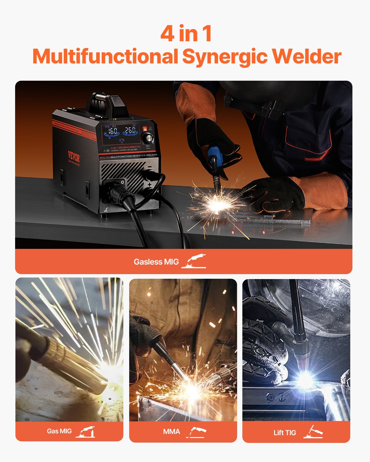 MIG Welder, 160A Synergic Mig Welding Machine, 4-in-1 Gas MIG/Flux Core MIG/Stick/Lift TIG Multi-Process Welder Machine with IGBT Inverter Technology and LCD Screen Display - Image 2