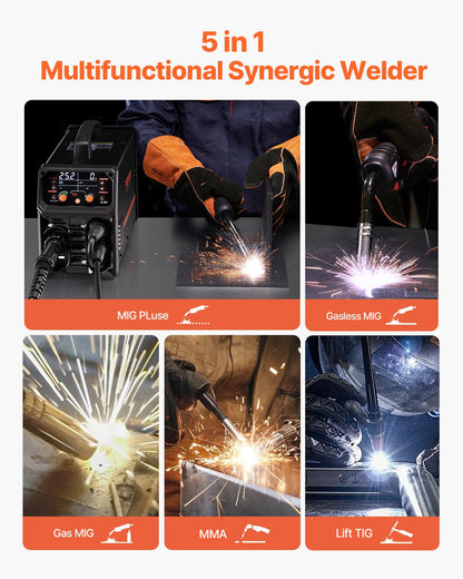 Pro MIG Welder, 250Amp Pluse Mig Welding Machine, 5-in-1 Synergic Welder Machine MIG Pluse/Gas MIG/Flux Core MIG/Stick/Lift TIG with IGBT Inverter Technology and LCD Screen Display - Image 2
