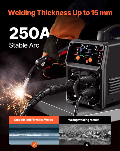 Pro MIG Welder, 250Amp Pluse Mig Welding Machine, 5-in-1 Synergic Welder Machine MIG Pluse/Gas MIG/Flux Core MIG/Stick/Lift TIG with IGBT Inverter Technology and LCD Screen Display - Image 3