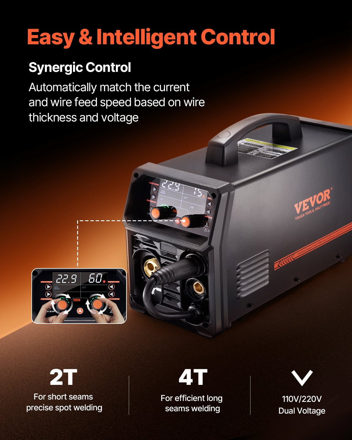 Pro MIG Welder, 250Amp Pluse Mig Welding Machine, 5-in-1 Synergic Welder Machine MIG Pluse/Gas MIG/Flux Core MIG/Stick/Lift TIG with IGBT Inverter Technology and LCD Screen Display - Image 4