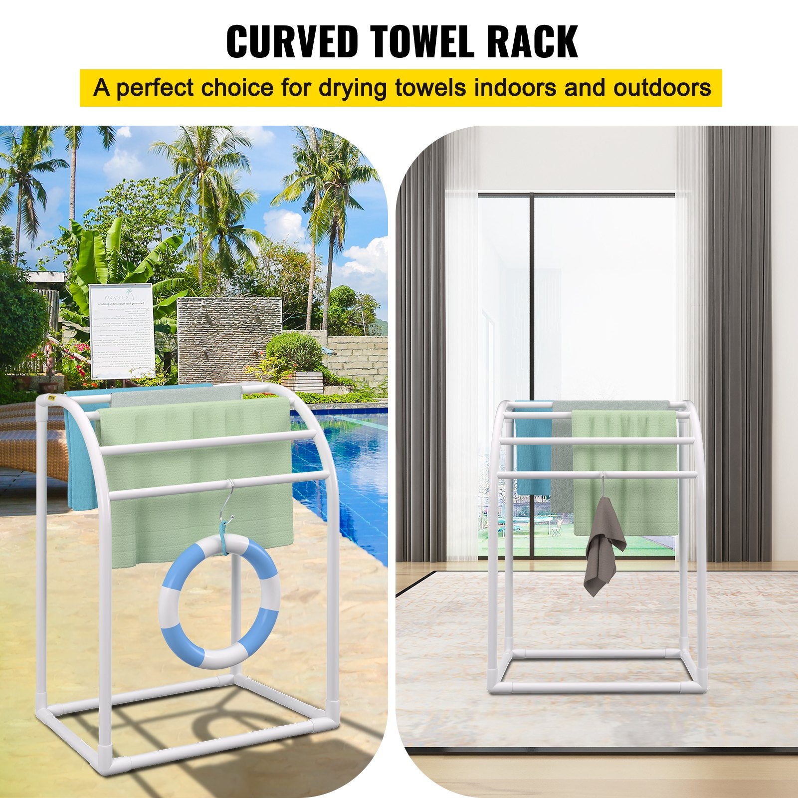 Pool Towel Rack, 5 Bar, Milky, Freestanding Outdoor PVC Curved Poolside Storage Organizer, Include 8 Towel Clips, Mesh Bag, Hook, Also Stores Floats and Paddles, for Beach, Swimming Pool, Home - Image 2