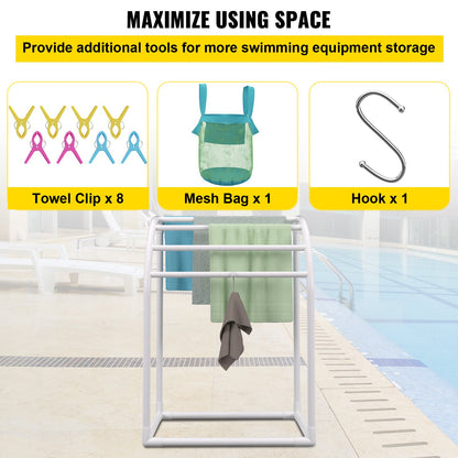 Pool Towel Rack, 5 Bar, Milky, Freestanding Outdoor PVC Curved Poolside Storage Organizer, Include 8 Towel Clips, Mesh Bag, Hook, Also Stores Floats and Paddles, for Beach, Swimming Pool, Home - Image 5