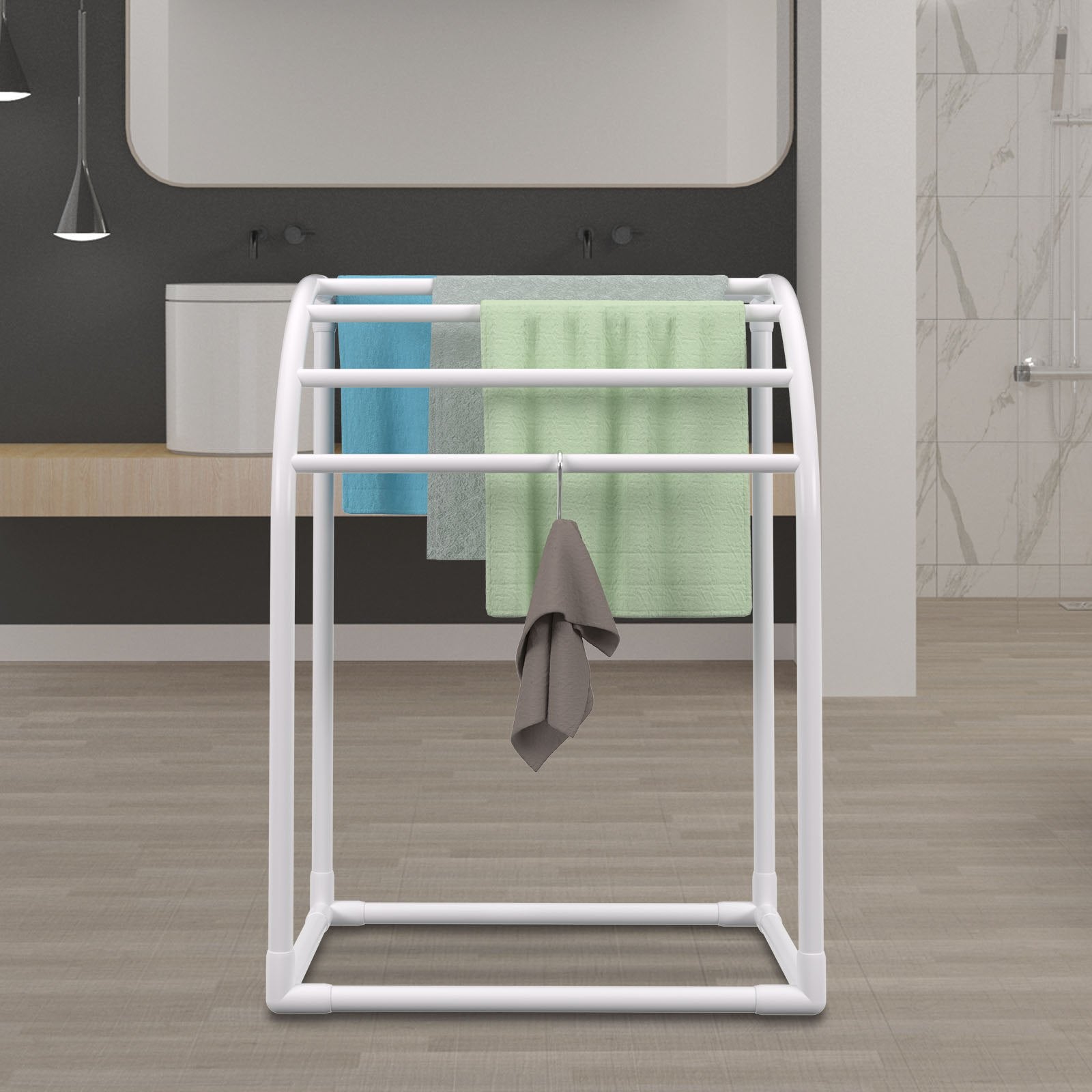 Pool Towel Rack, 5 Bar, Milky, Freestanding Outdoor PVC Curved Poolside Storage Organizer, Include 8 Towel Clips, Mesh Bag, Hook, Also Stores Floats and Paddles, for Beach, Swimming Pool, Home - Image 8