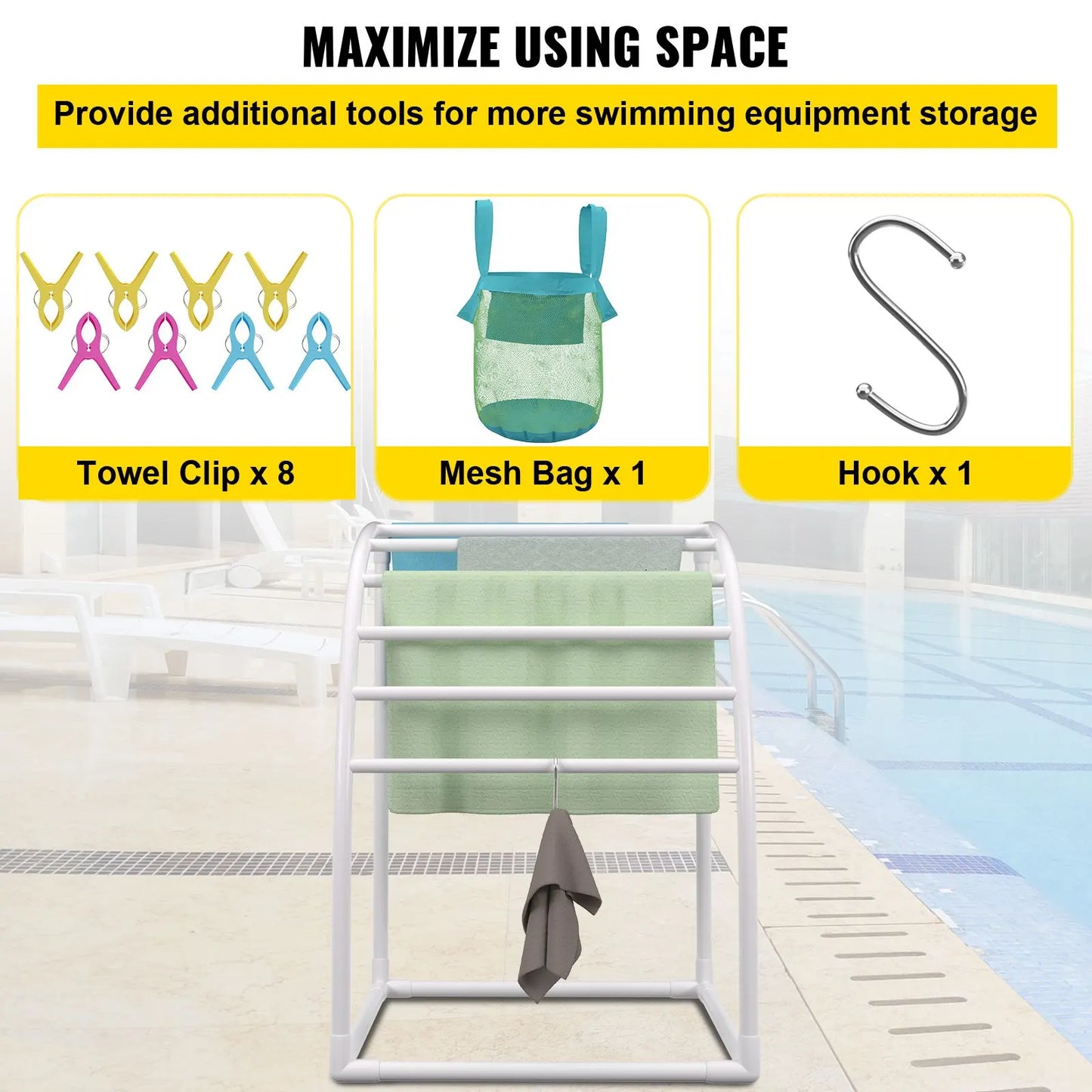 Outdoor Towel Rack Pool Towel Rack 7 Bar Curved White Freestanding Patio - Image 5