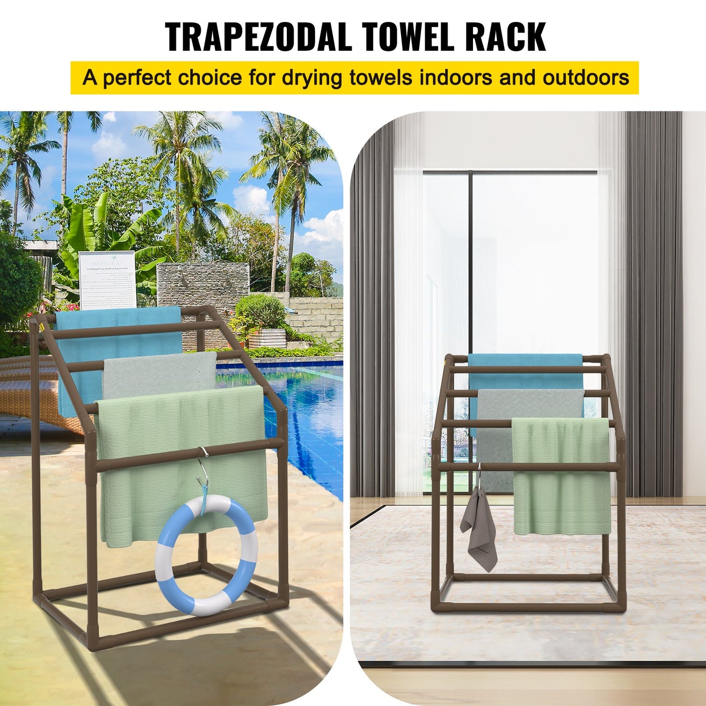 Pool Towel Rack, 5 Bar, Brown, Freestanding Outdoor PVC Trapedozal Poolside Storage Organizer, Include 8 Towel Clips, Mesh Bag, Hook, Also Stores Floats and Paddles, for Beach, Swimming Pool - Image 2
