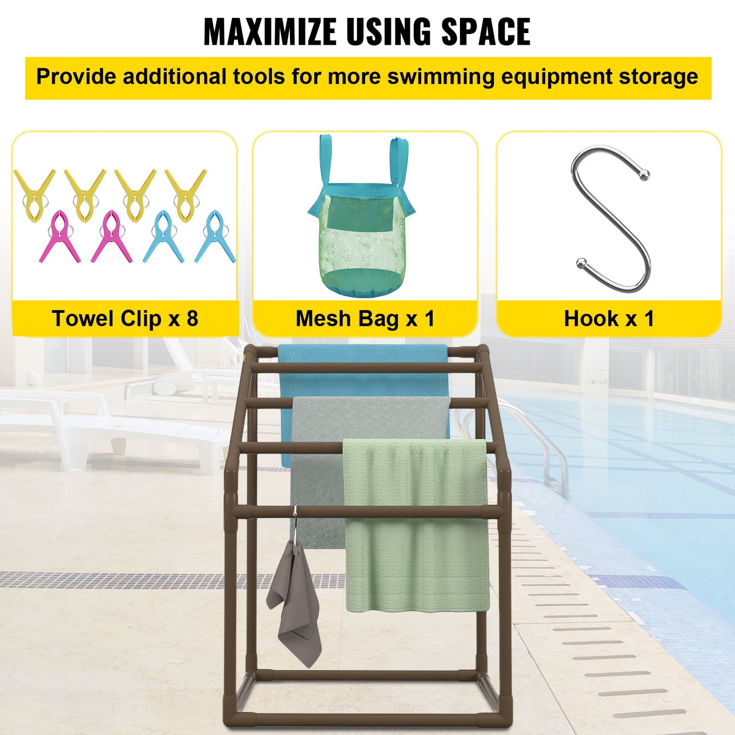 Pool Towel Rack, 5 Bar, Brown, Freestanding Outdoor PVC Trapedozal Poolside Storage Organizer, Include 8 Towel Clips, Mesh Bag, Hook, Also Stores Floats and Paddles, for Beach, Swimming Pool - Image 5