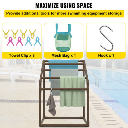 Pool Towel Rack, 5 Bar, Brown, Freestanding Outdoor PVC Trapedozal Poolside Storage Organizer, Include 8 Towel Clips, Mesh Bag, Hook, Also Stores Floats and Paddles, for Beach, Swimming Pool - Image 5