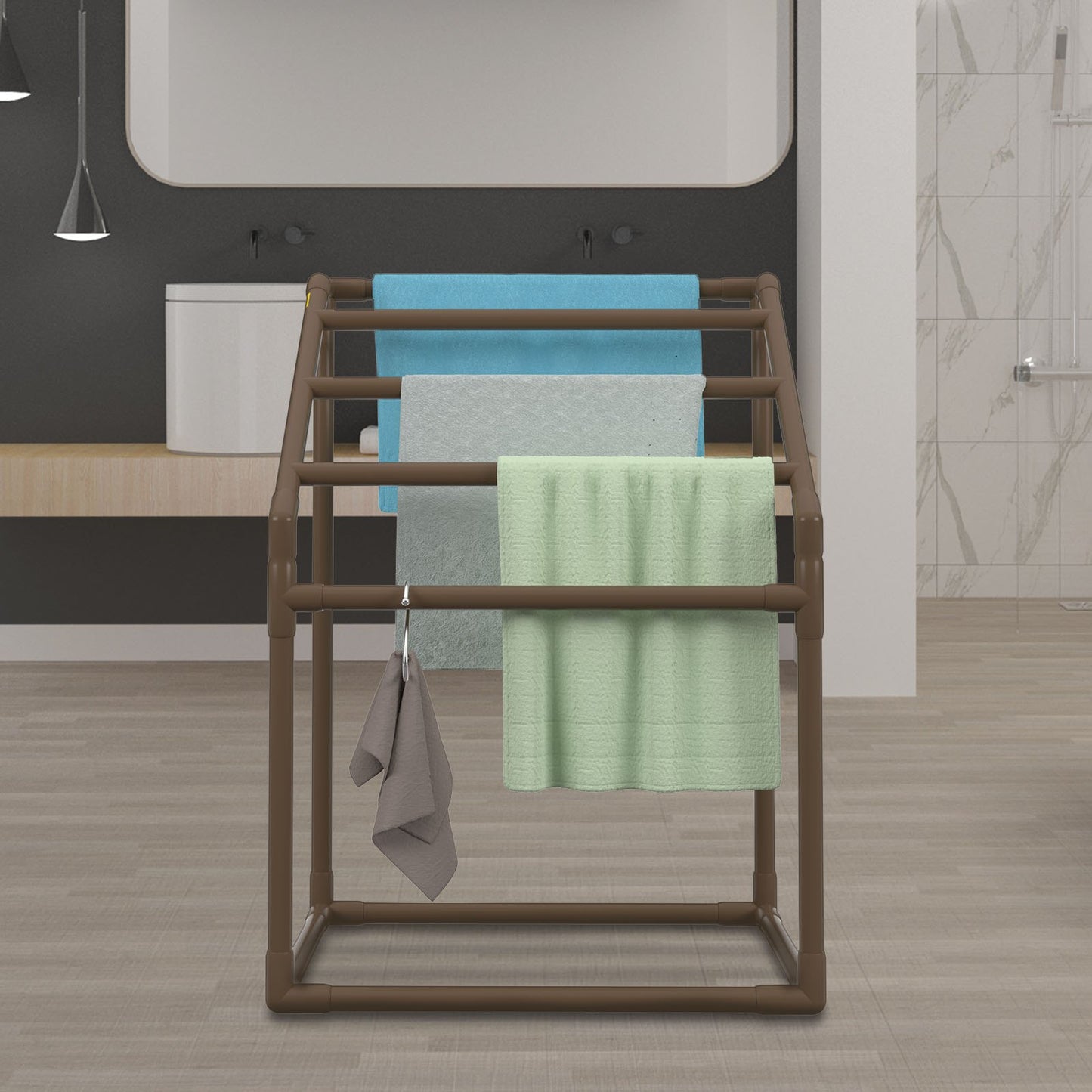 Pool Towel Rack, 5 Bar, Brown, Freestanding Outdoor PVC Trapedozal Poolside Storage Organizer, Include 8 Towel Clips, Mesh Bag, Hook, Also Stores Floats and Paddles, for Beach, Swimming Pool - Image 8