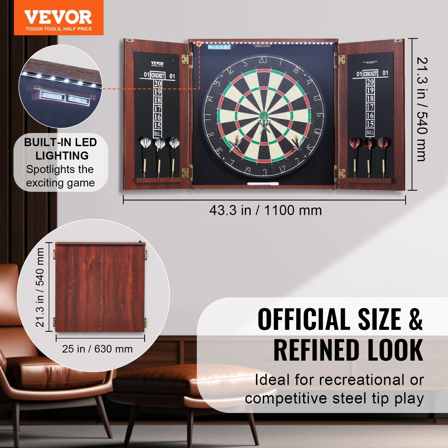 Dartboard and Cabinet Set Official Size Complete Accessory Steel Tip Dart - Image 2