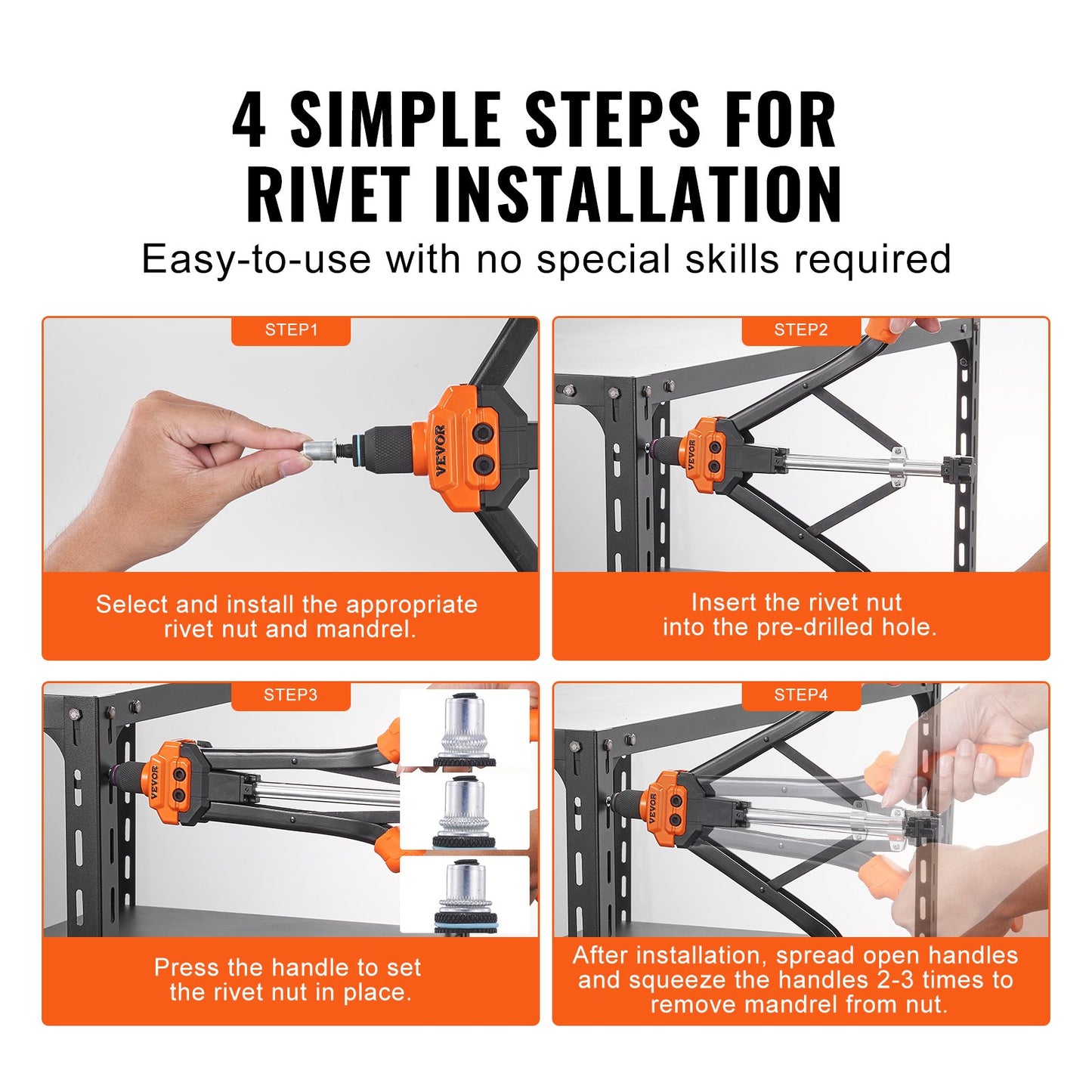 Rivet Nut Tool, 16” Rivnut Tool Kit with 13PCS Metric and SAE Mandrels, 186PCS Rivet Nuts, M3, M4, 10-24, M5, M6, 1/4-20, 8-32, 5/16-18, M8, 3/8-16, M10, M12, 1/2-13, Semi-auto Retraction - Image 5