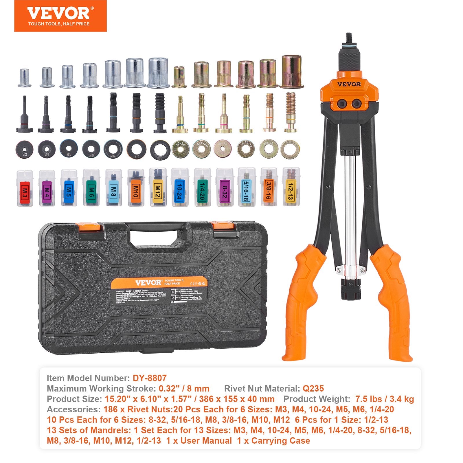Rivet Nut Tool, 16” Rivnut Tool Kit with 13PCS Metric and SAE Mandrels, 186PCS Rivet Nuts, M3, M4, 10-24, M5, M6, 1/4-20, 8-32, 5/16-18, M8, 3/8-16, M10, M12, 1/2-13, Semi-auto Retraction - Image 7