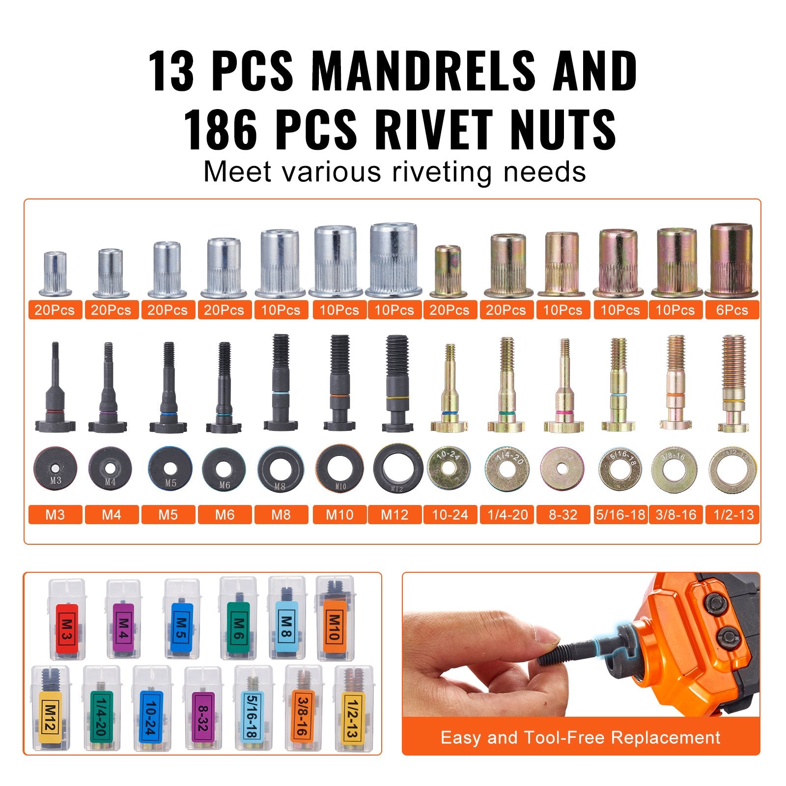 Rivet Nut Tool, 16” Rivnut Tool Kit with 13PCS Metric and SAE Mandrels, 186PCS Rivet Nuts, M3, M4, 10-24, M5, M6, 1/4-20, 8-32, 5/16-18, M8, 3/8-16, M10, M12, 1/2-13, With Carrying Case - Image 4