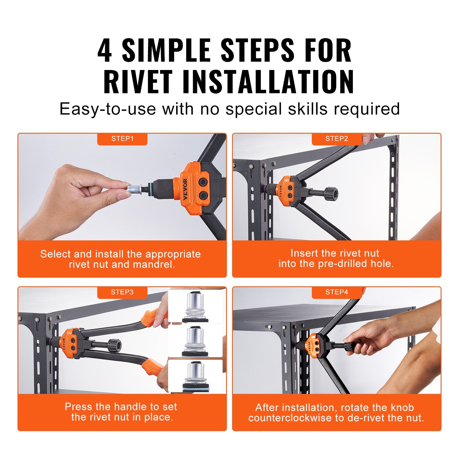 Rivet Nut Tool, 16” Rivnut Tool Kit with 13PCS Metric and SAE Mandrels, 186PCS Rivet Nuts, M3, M4, 10-24, M5, M6, 1/4-20, 8-32, 5/16-18, M8, 3/8-16, M10, M12, 1/2-13, With Carrying Case - Image 5