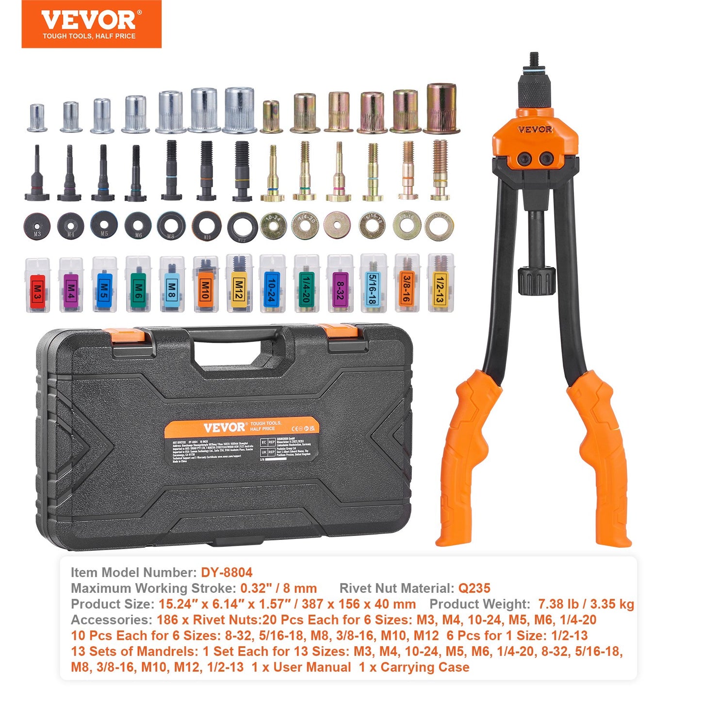 Rivet Nut Tool, 16” Rivnut Tool Kit with 13PCS Metric and SAE Mandrels, 186PCS Rivet Nuts, M3, M4, 10-24, M5, M6, 1/4-20, 8-32, 5/16-18, M8, 3/8-16, M10, M12, 1/2-13, With Carrying Case - Image 7