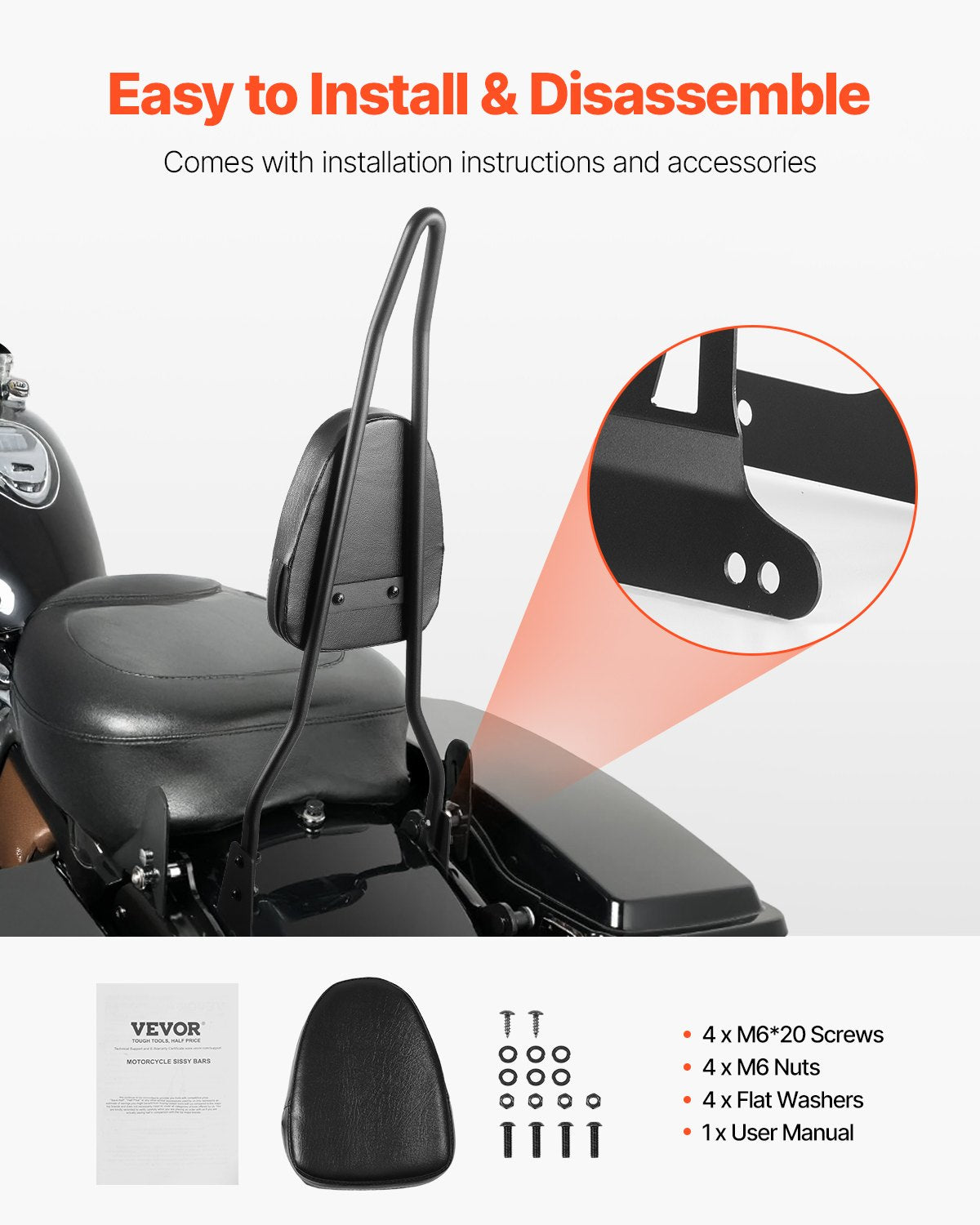 Motorcycle Backrest Sissy Bar, Compatible With Harley-Davidson Dyna Street Glide Road Glide Road King, 730mm Height Detachable Passenger Backrest, For Motorcycles, Black - Image 5