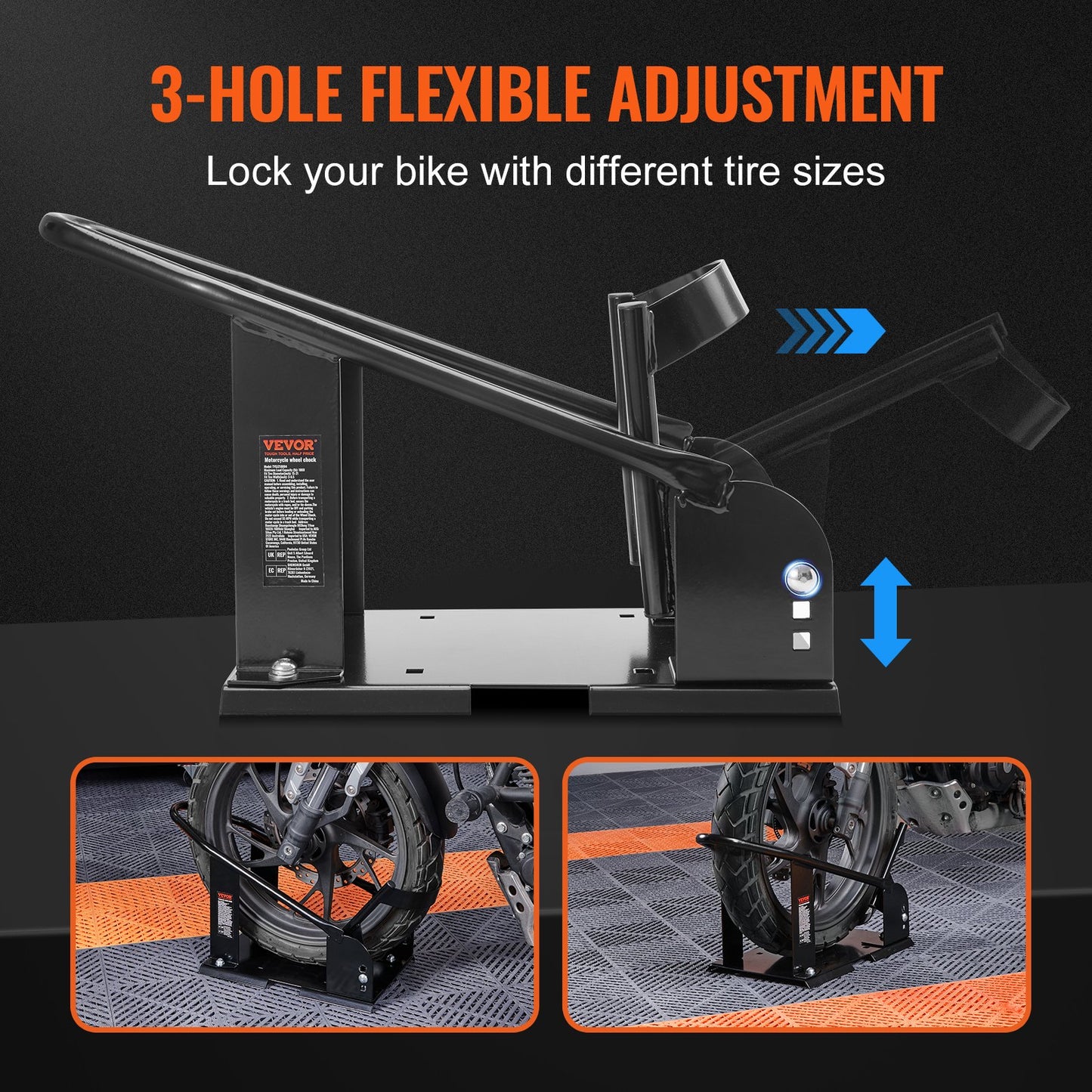 Motorcycle Wheel Chock, 816.5 kg Capacity Wheel Cradle Holder, Heavy-duty Steel Motorcycle Front Wheel Stand with 3 Adjustable Holes, For 381-533.4 mm Off-Road Motorcycles, Standard Motorcycles - Image 3
