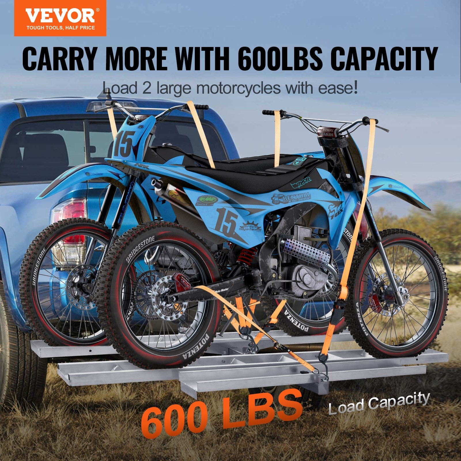 Motorcycle Carrier, 2-Bike 272.15KGS Aluminum Motorcycle Carrier Hitch Mount, Loading Ramp, Scooter Dirt Bike Trailer Hauler, Ratchet Straps and Stabilizer, for Car, Truck with 2" Hitch Receiver - Image 2