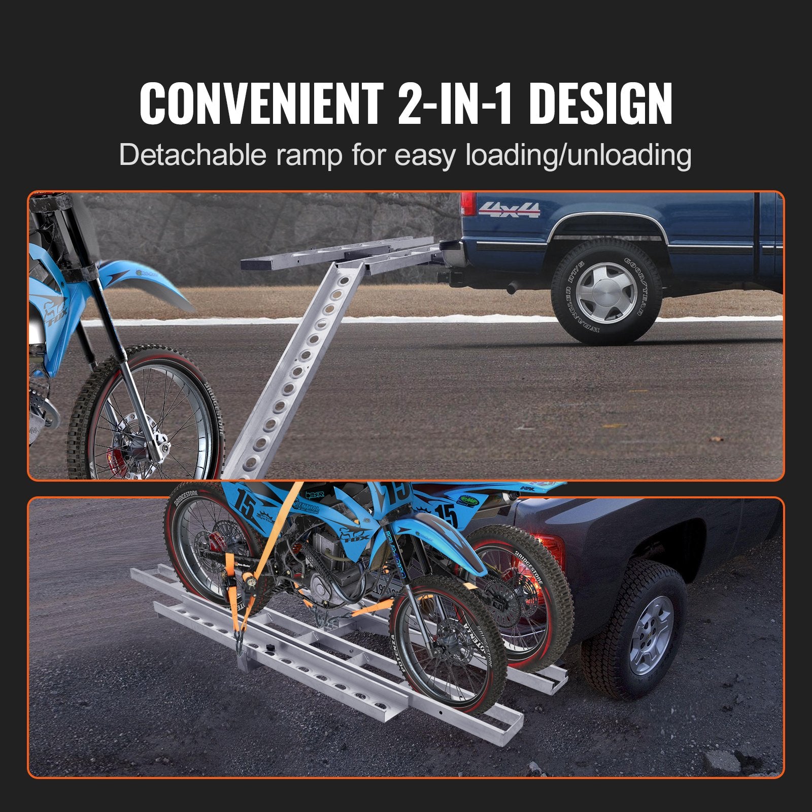 Motorcycle Carrier, 2-Bike 272.15KGS Aluminum Motorcycle Carrier Hitch Mount, Loading Ramp, Scooter Dirt Bike Trailer Hauler, Ratchet Straps and Stabilizer, for Car, Truck with 2" Hitch Receiver - Image 4