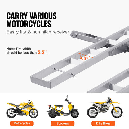 Motorcycle Carrier, 2-Bike 272.15KGS Aluminum Motorcycle Carrier Hitch Mount, Loading Ramp, Scooter Dirt Bike Trailer Hauler, Ratchet Straps and Stabilizer, for Car, Truck with 2" Hitch Receiver - Image 6
