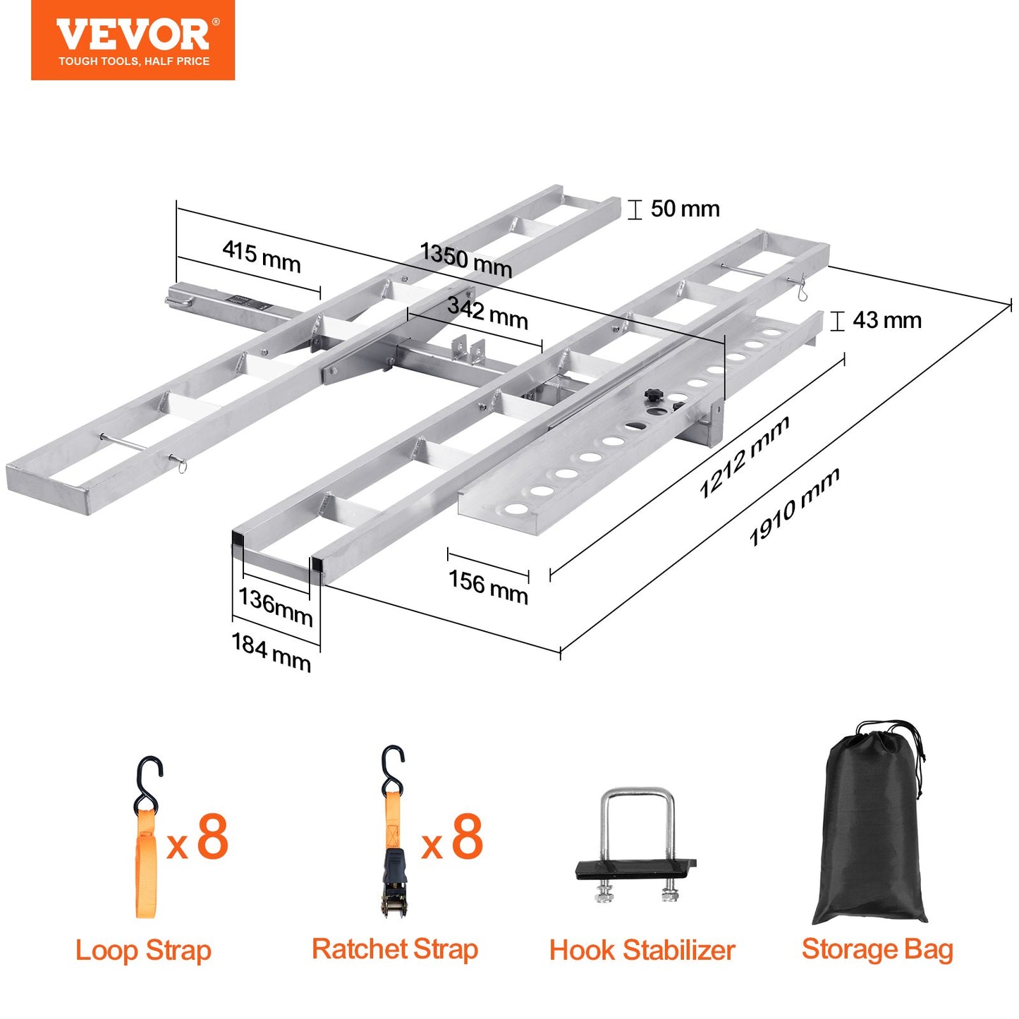 Motorcycle Carrier, 2-Bike 272.15KGS Aluminum Motorcycle Carrier Hitch Mount, Loading Ramp, Scooter Dirt Bike Trailer Hauler, Ratchet Straps and Stabilizer, for Car, Truck with 2" Hitch Receiver - Image 7