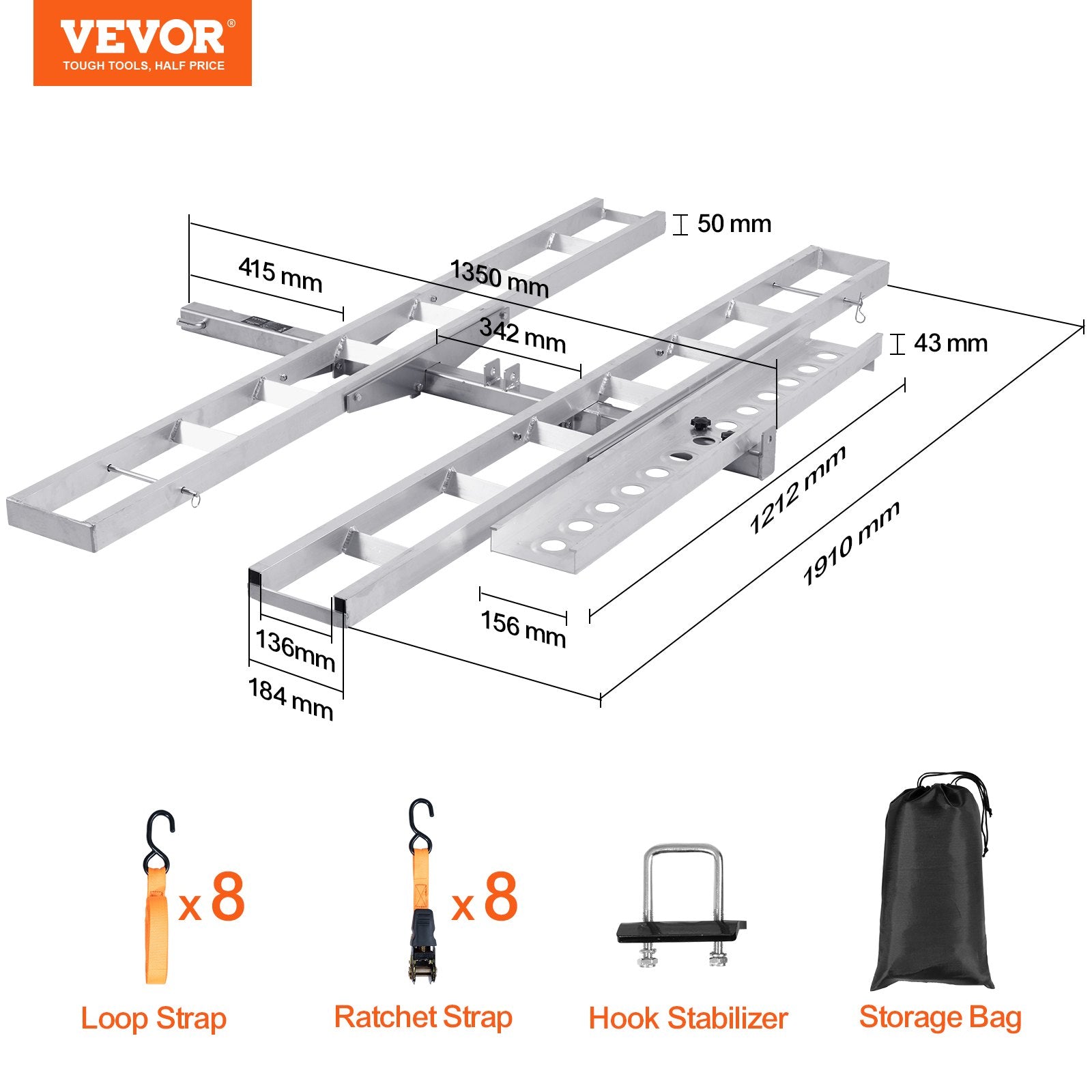 Motorcycle Carrier, 2-Bike 272.15KGS Aluminum Motorcycle Carrier Hitch Mount, Loading Ramp, Scooter Dirt Bike Trailer Hauler, Ratchet Straps and Stabilizer, for Car, Truck with 2" Hitch Receiver - Image 7
