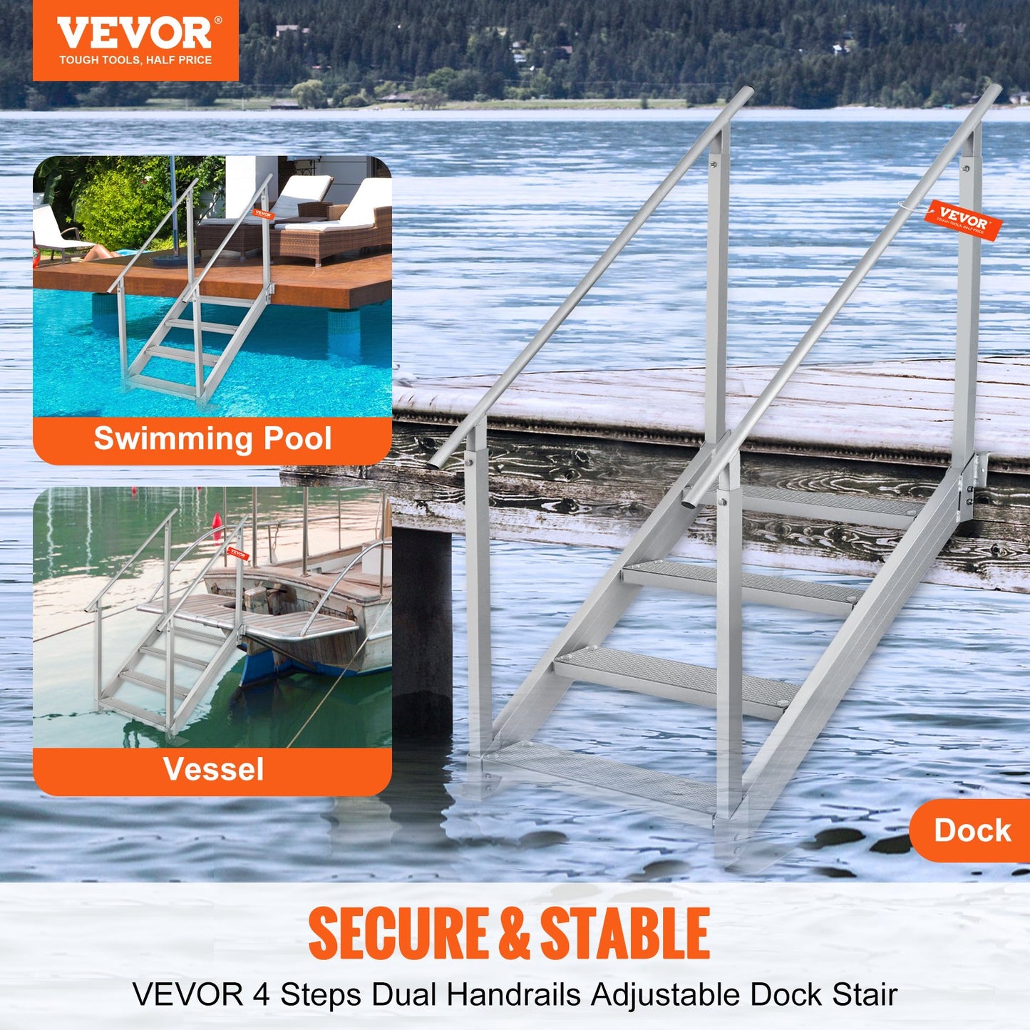 Dock Ladder 4 Step, Dock Stairs 30''-38'' Adjustable Height, 227 kgs Load Capacity, Aluminum Pontoon Boat Ladder with Dual Handrails & Nonslip Mat for Ship/Lake/Pool/Marine Boarding - Image 2