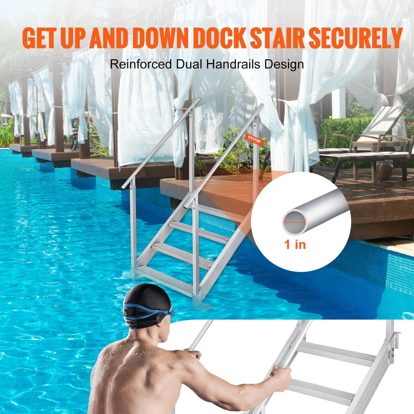 Dock Ladder 4 Step, Dock Stairs 30''-38'' Adjustable Height, 227 kgs Load Capacity, Aluminum Pontoon Boat Ladder with Dual Handrails & Nonslip Mat for Ship/Lake/Pool/Marine Boarding - Image 5