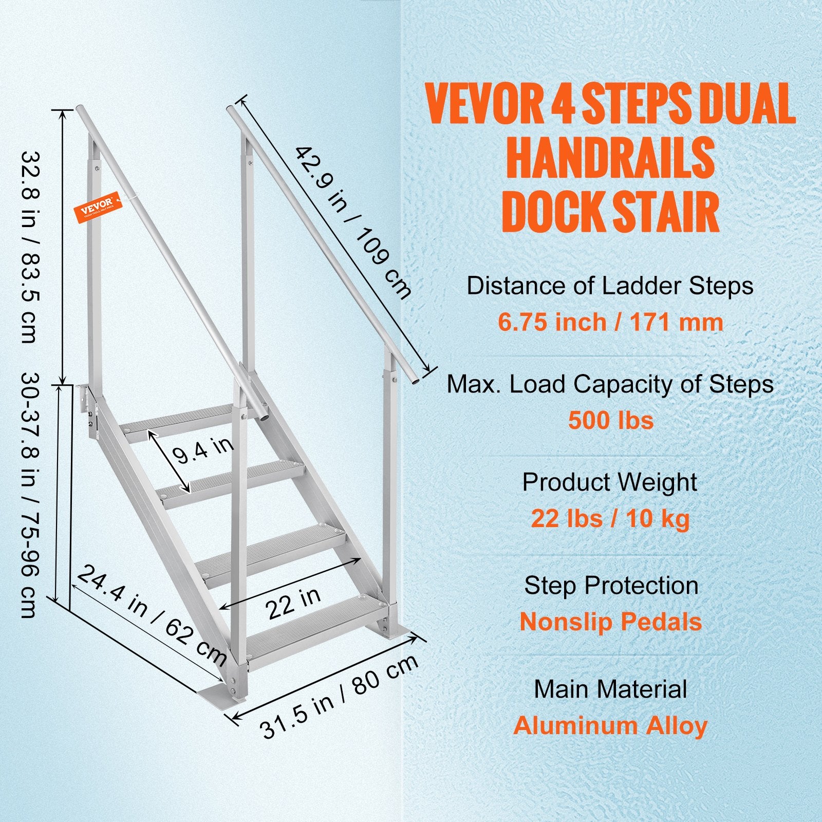 Dock Ladder 4 Step, Dock Stairs 30''-38'' Adjustable Height, 227 kgs Load Capacity, Aluminum Pontoon Boat Ladder with Dual Handrails & Nonslip Mat for Ship/Lake/Pool/Marine Boarding - Image 7