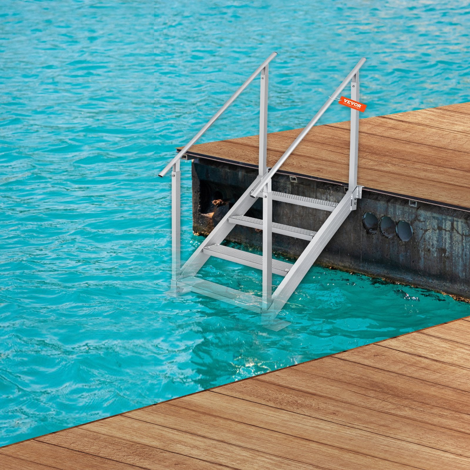 Dock Ladder 4 Step, Dock Stairs 30''-38'' Adjustable Height, 227 kgs Load Capacity, Aluminum Pontoon Boat Ladder with Dual Handrails & Nonslip Mat for Ship/Lake/Pool/Marine Boarding - Image 8