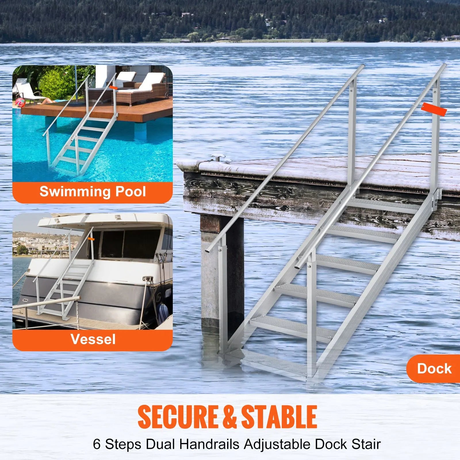 Dock Ladder, 1.09 m-1.29 m Adjustable Height, 227 kg Load Capacity, Aluminum Alloy 6 Steps Pontoon Boat Ladder with Dual Handrails & Nonslip Mat, Ideal for Ship/Lake/Pool/Marine Boarding - Image 2