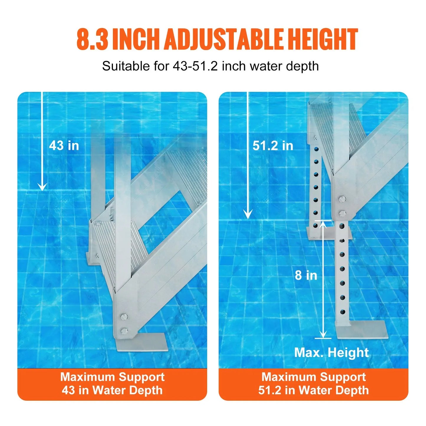 Dock Ladder, 1.09 m-1.29 m Adjustable Height, 227 kg Load Capacity, Aluminum Alloy 6 Steps Pontoon Boat Ladder with Dual Handrails & Nonslip Mat, Ideal for Ship/Lake/Pool/Marine Boarding - Image 3