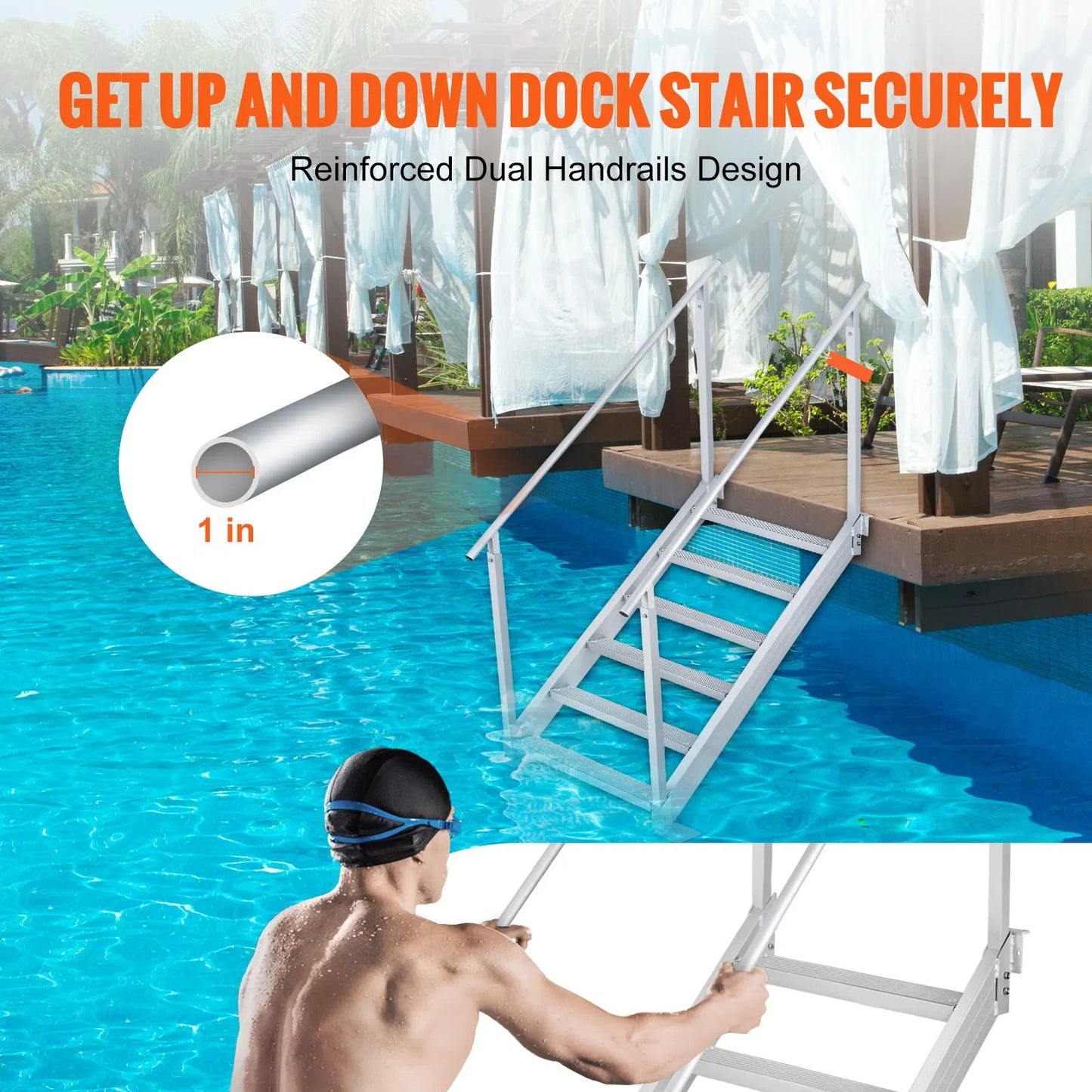Dock Ladder, 1.09 m-1.29 m Adjustable Height, 227 kg Load Capacity, Aluminum Alloy 6 Steps Pontoon Boat Ladder with Dual Handrails & Nonslip Mat, Ideal for Ship/Lake/Pool/Marine Boarding - Image 5