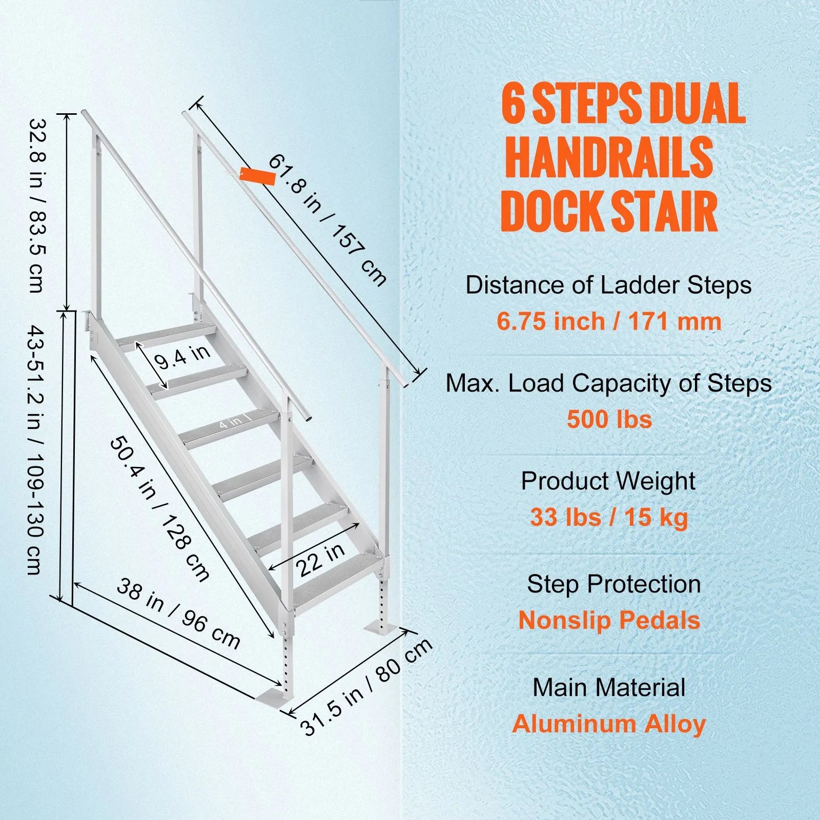 Dock Ladder, 1.09 m-1.29 m Adjustable Height, 227 kg Load Capacity, Aluminum Alloy 6 Steps Pontoon Boat Ladder with Dual Handrails & Nonslip Mat, Ideal for Ship/Lake/Pool/Marine Boarding - Image 7