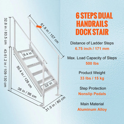 Dock Ladder, 1.09 m-1.29 m Adjustable Height, 227 kg Load Capacity, Aluminum Alloy 6 Steps Pontoon Boat Ladder with Dual Handrails & Nonslip Mat, Ideal for Ship/Lake/Pool/Marine Boarding - Image 7