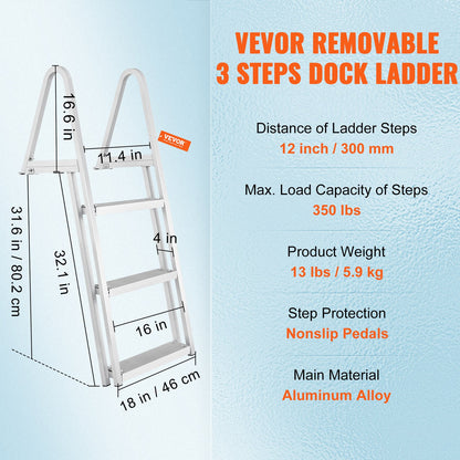 Dock Ladder, Removable 3 Steps, 159 kg Load Capacity, Aluminum Alloy Pontoon Boat Ladder with 101.6 mm Wide Step & Nonslip Rubber Mat, Easy to Install for Ship/Lake/Pool/Marine Boarding - Image 7