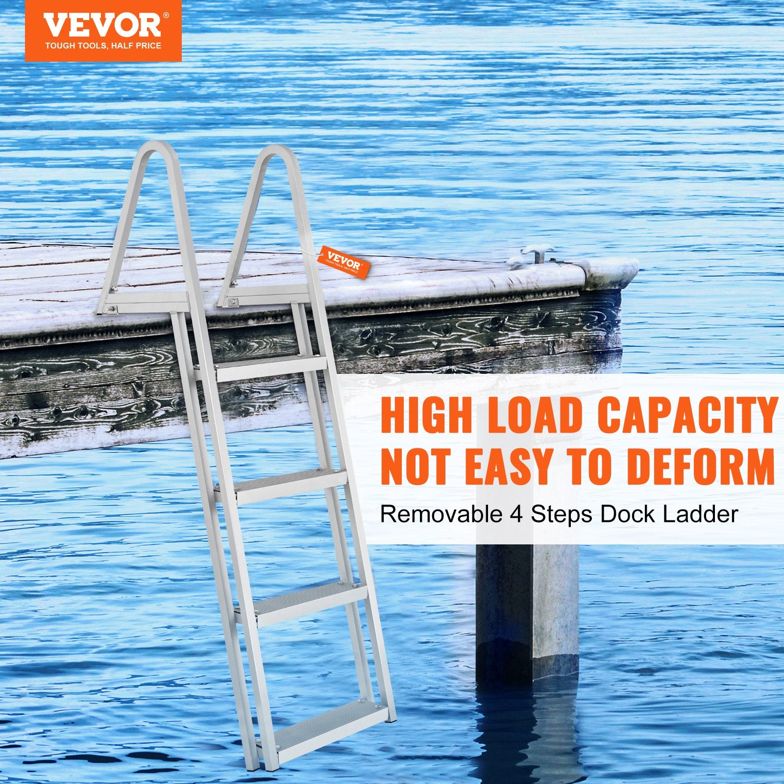 Dock Ladder, Removable 4 Steps, 350 lbs Load Capacity, Aluminum Alloy Pontoon Boat Ladder with 4'' Wide Step & Nonslip Mat, Easy to Install for Ship/Lake/Pool/Marine Boarding - Image 2