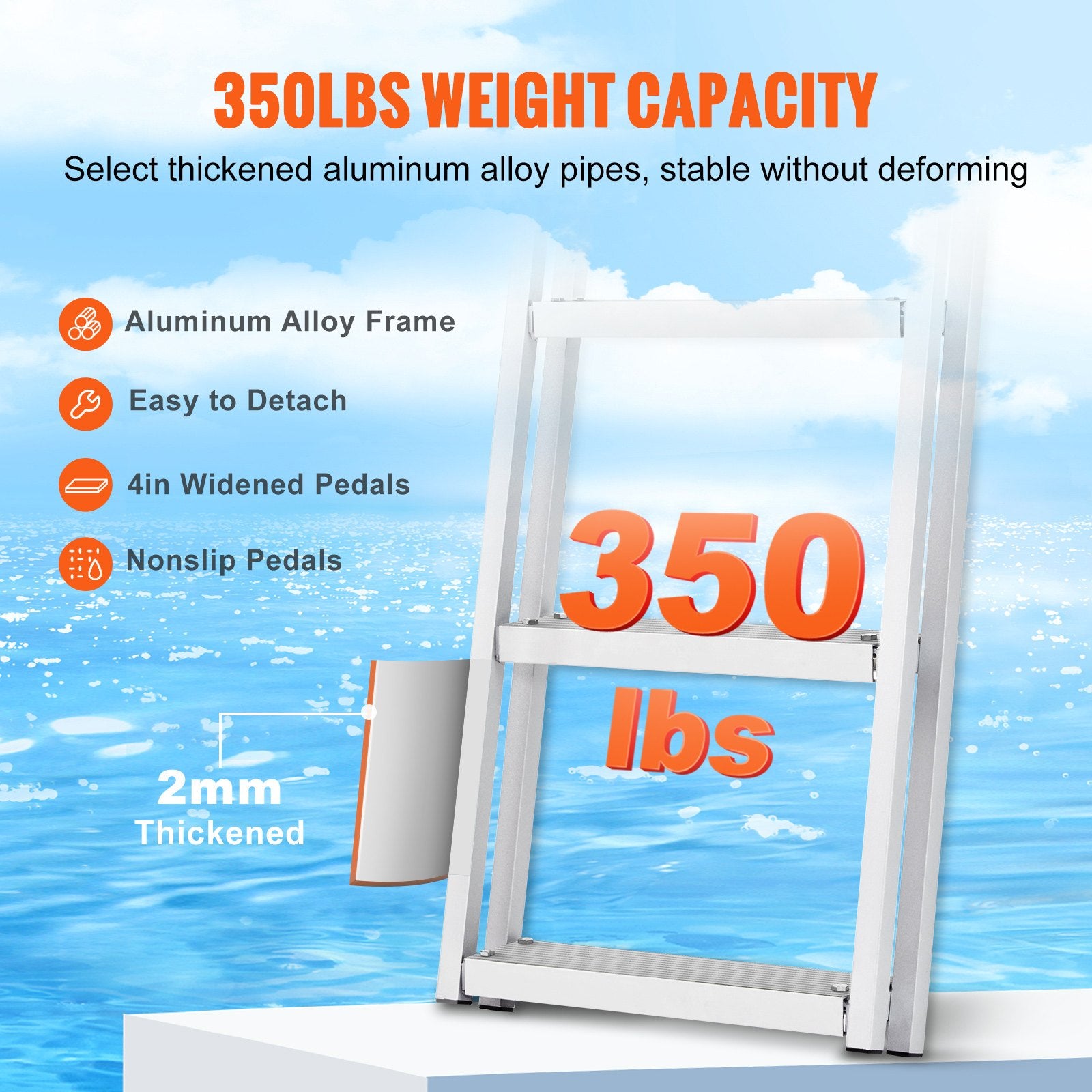 Dock Ladder, Removable 4 Steps, 350 lbs Load Capacity, Aluminum Alloy Pontoon Boat Ladder with 4'' Wide Step & Nonslip Mat, Easy to Install for Ship/Lake/Pool/Marine Boarding - Image 3