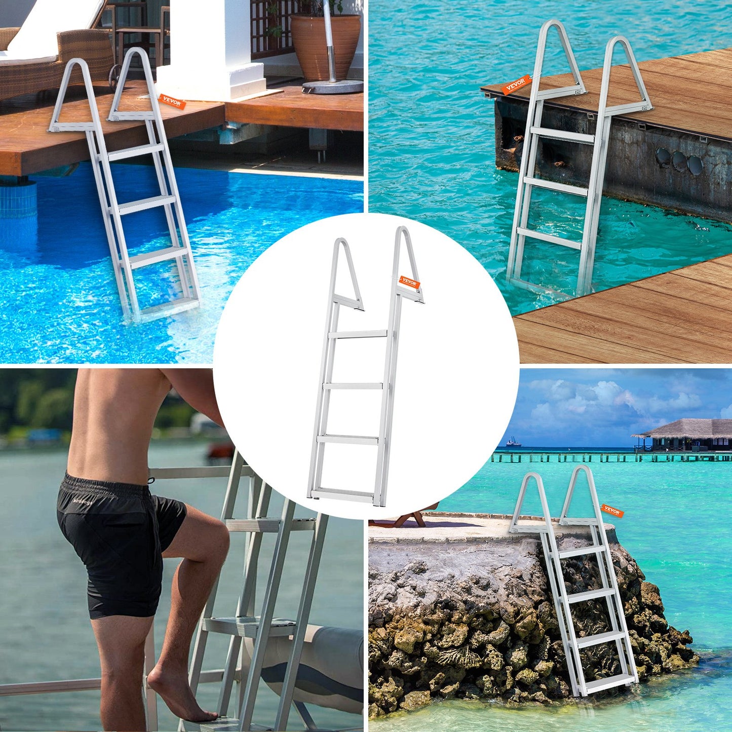 Dock Ladder, Removable 4 Steps, 350 lbs Load Capacity, Aluminum Alloy Pontoon Boat Ladder with 4'' Wide Step & Nonslip Mat, Easy to Install for Ship/Lake/Pool/Marine Boarding - Image 6
