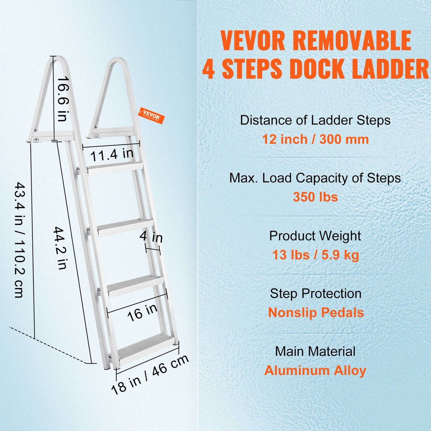 Dock Ladder, Removable 4 Steps, 350 lbs Load Capacity, Aluminum Alloy Pontoon Boat Ladder with 4'' Wide Step & Nonslip Mat, Easy to Install for Ship/Lake/Pool/Marine Boarding - Image 7
