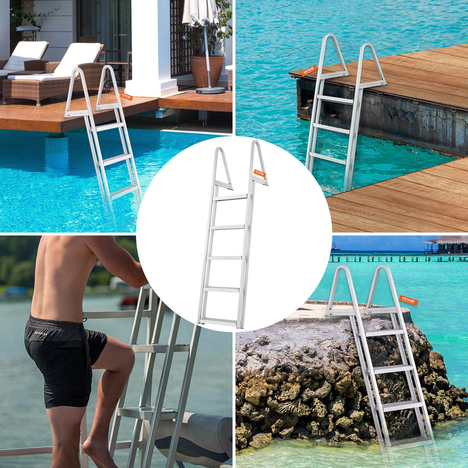 Removable Dock Ladder 5 Steps, 159 kg Load Capacity, Pontoon Boat Ladder with 4'' Wide Step & Nonslip Design for Ship/Lake/Pool/Marine Boarding - Image 6
